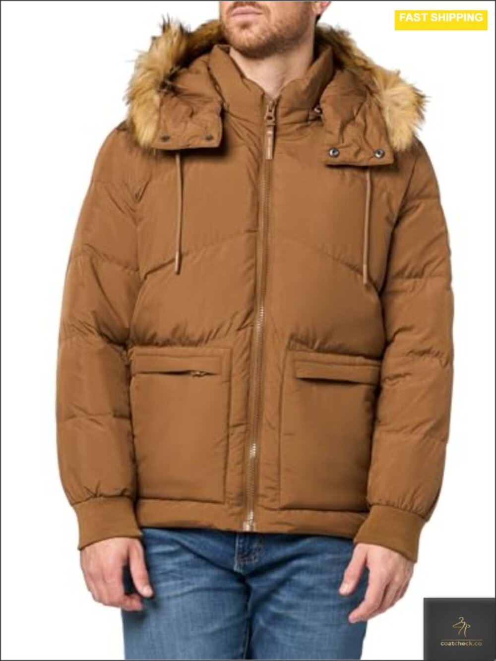 Down Jacket Men's Bomber Faux Fur Removable Hood Zipper Pockets RIB Knit Cuffs